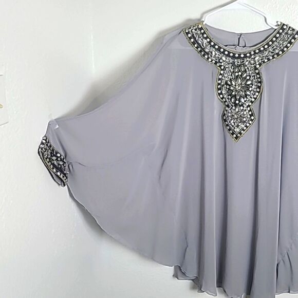 Sheer Gray Kimono with Black Rhinestone Accents on Neckline, Chest & Cuffs, OS - Picture 5 of 8